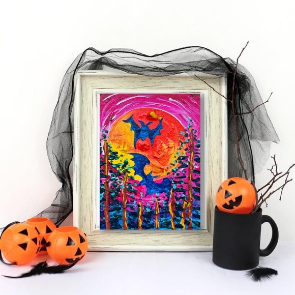 handmade Other - 8”x10”/9"x10" Flying Bats Painting Original Art Impasto Canvas Acrylic Small Art